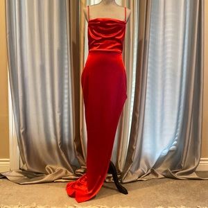 Red satin floor-length prom dress with asymmetrical slit